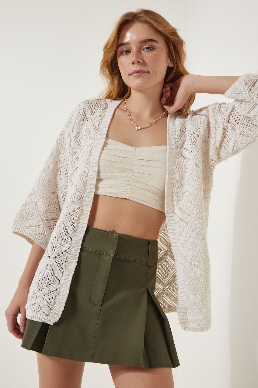 Happiness İstanbul Women's Cream Openwork Seasonal Knitwear Cardigan