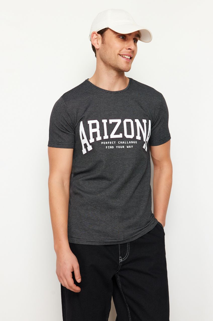 Trendyol Black Regular Cut Textured Text Printed T-Shirt