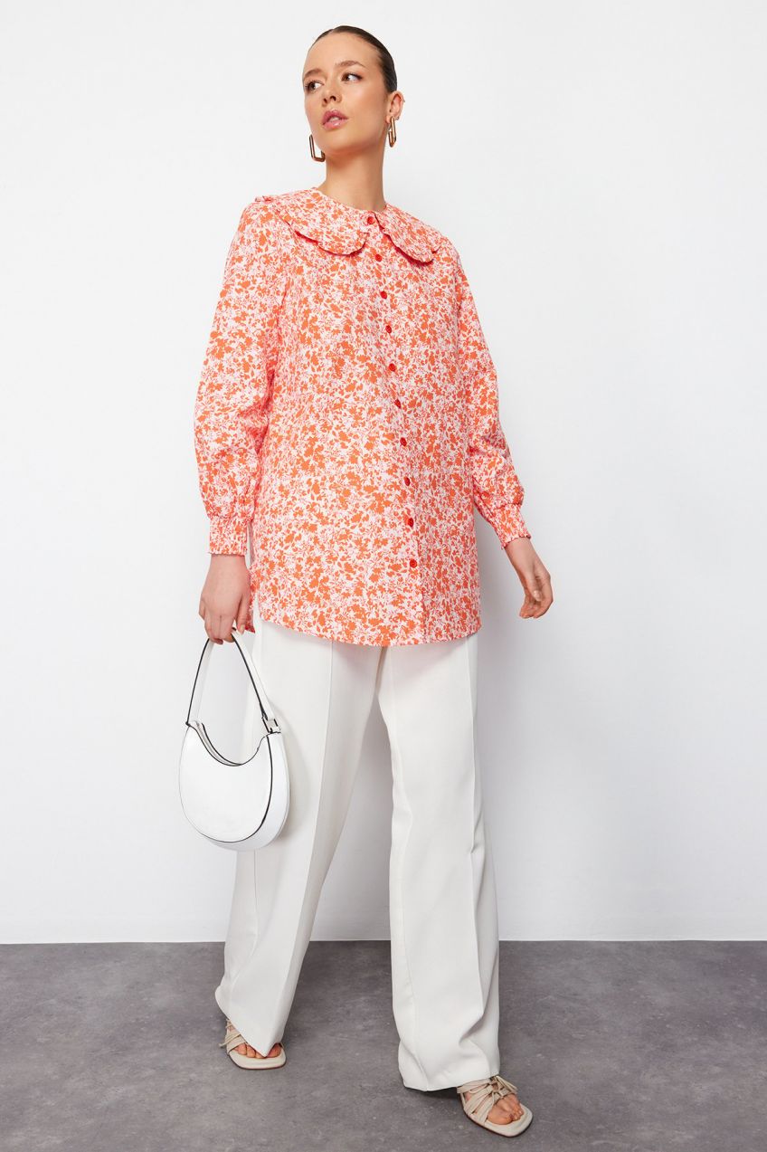 Trendyol Red Baby Collar Woven Crispy Flower Patterned Shirt