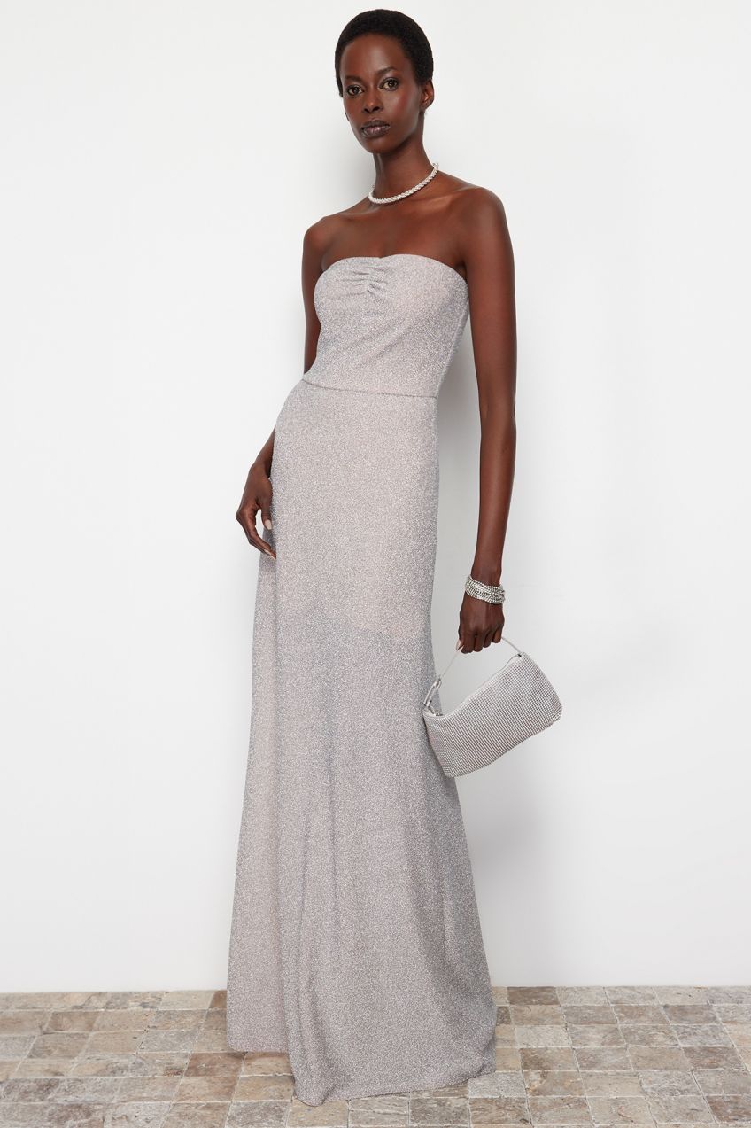 Trendyol Silver Fitted Shiny Knitted Long Evening Dress