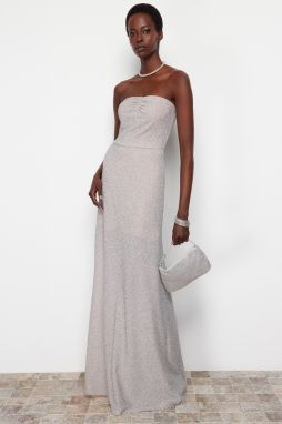 Trendyol Silver Fitted Shiny Knitted Long Evening Dress