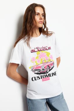 Trendyol White 100% Cotton Printed Oversize/Wide Fit Crew Neck Knitted T-Shirt