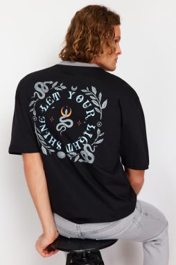 Trendyol Black Oversize/Wide Cut Mystic Print Contrast Collar Ribbed 100% Cotton T-Shirt