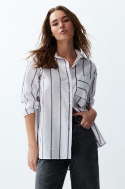 Trendyol Ecru Striped Oversize/Creature Woven Shirt