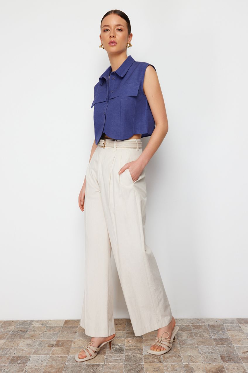 Trendyol Blue Long Pocketed Crop Fitted Woven Shirt