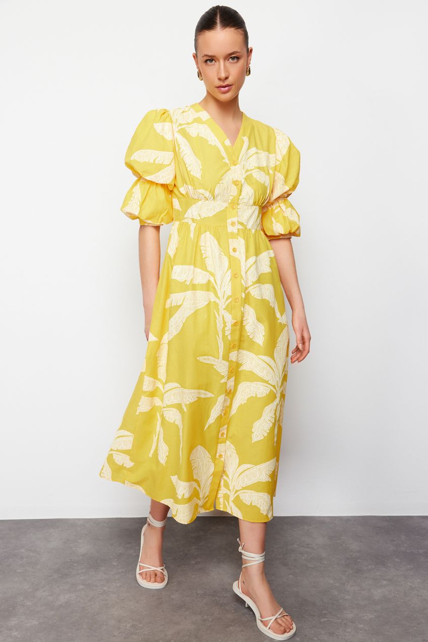 Trendyol Camel Flower Patterned Woven Dress