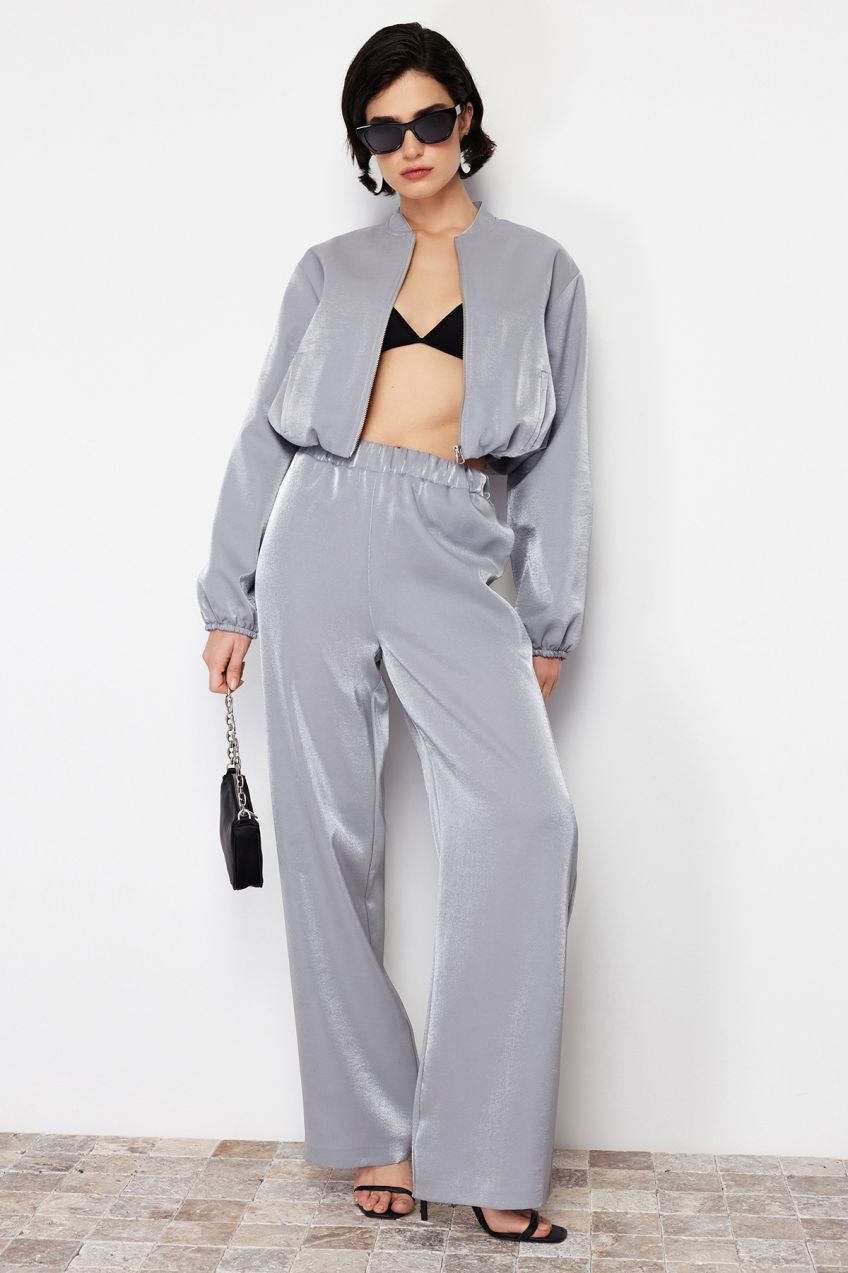 Trendyol Anthracite Satin Wide Leg/Wide Leg Elastic Woven Trousers