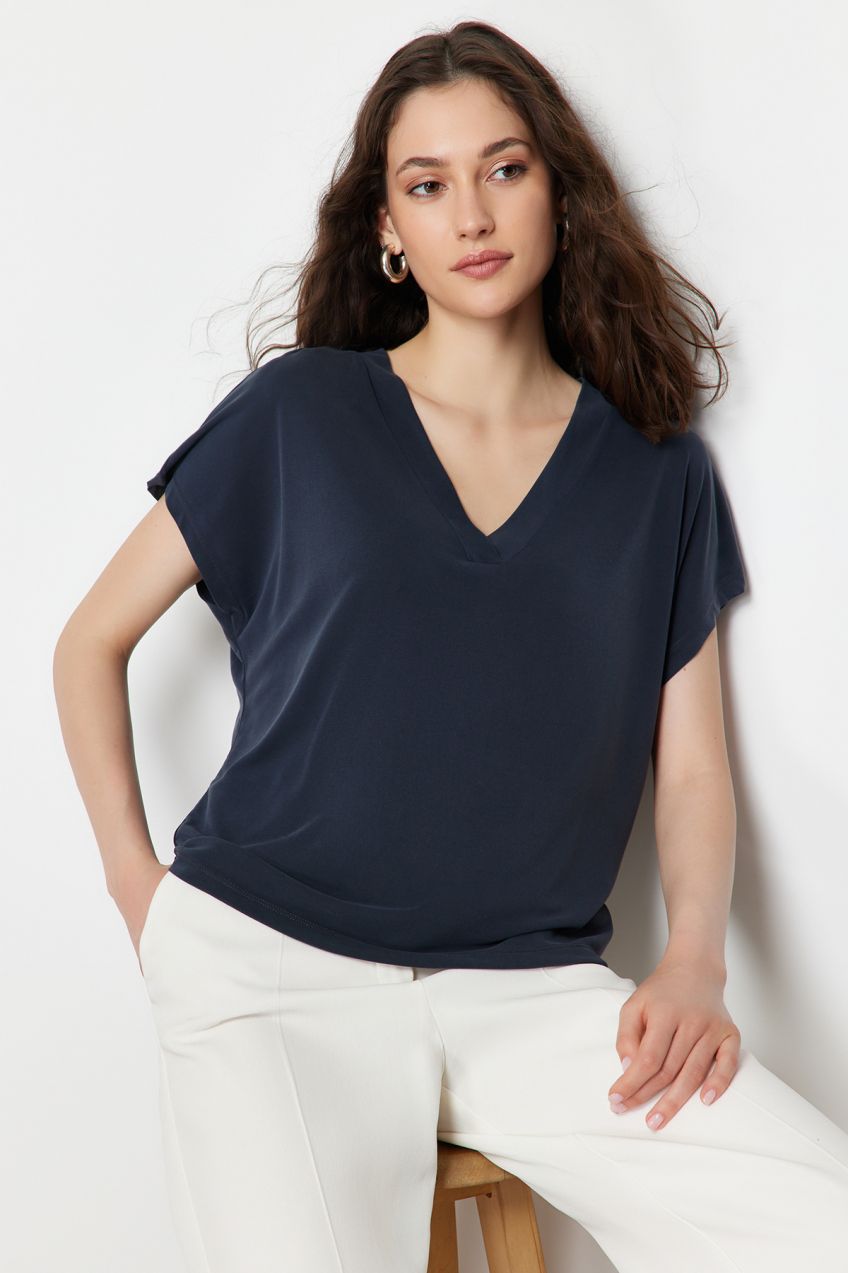 Trendyol Anthracite Modal V-Neck Relaxed/Comfortable Cut Knitted T-Shirt