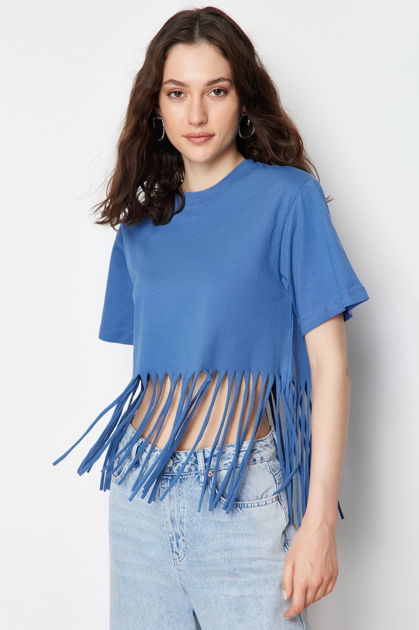 Trendyol Indigo 100% Cotton Tassel Detailed Knitted T-Shirt