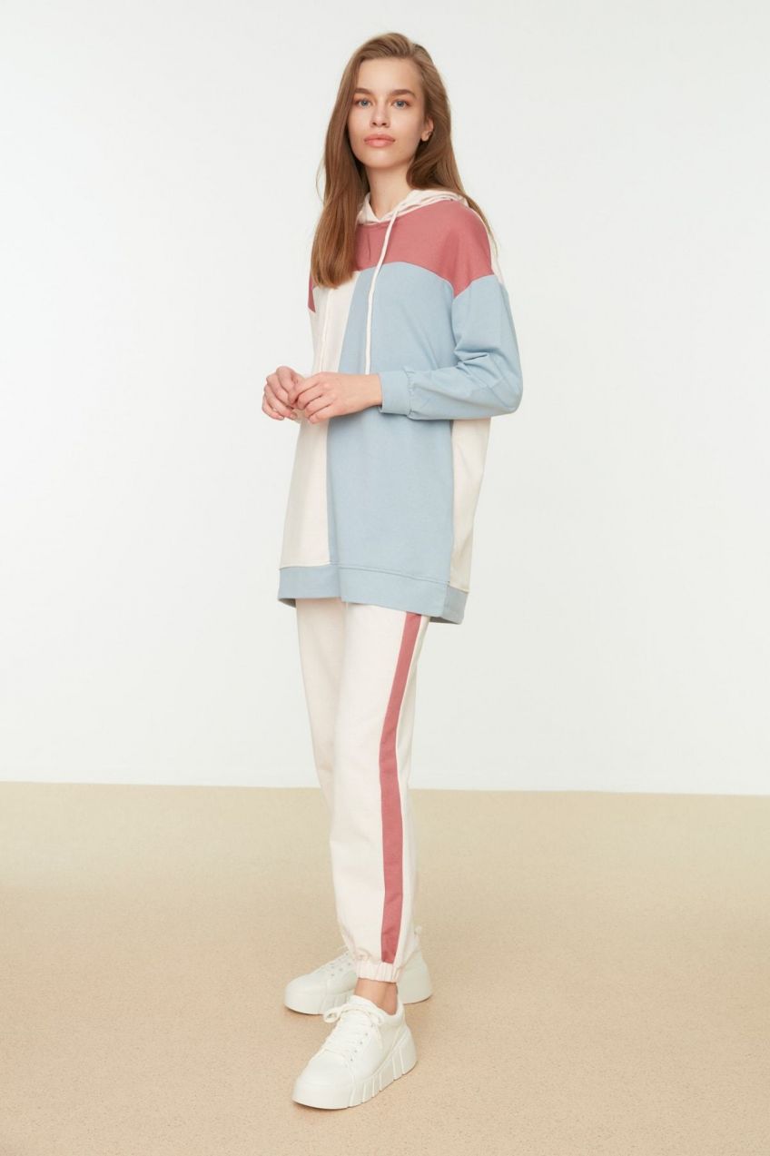 Trendyol Ecru Oversize Knitted Color Block Tracksuit Set
