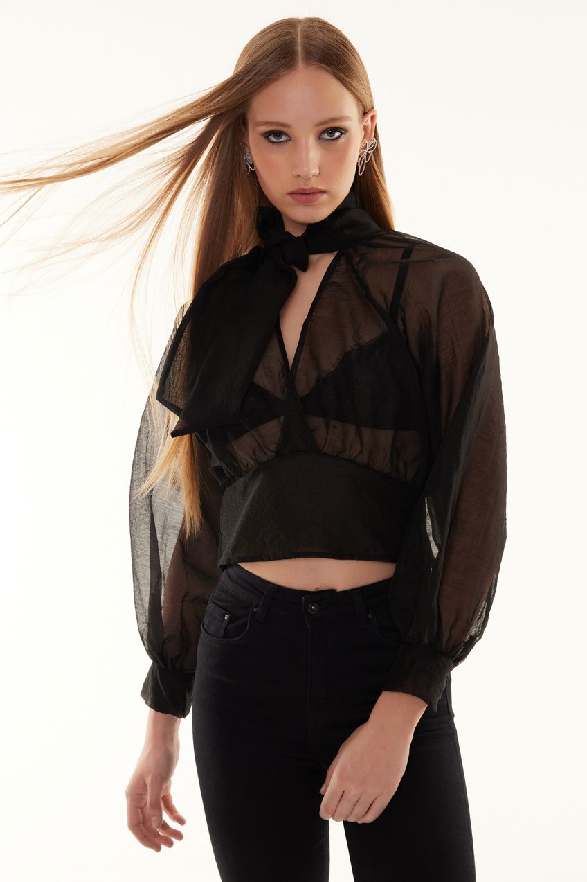 Trendyol Black Crop Sheer Look Woven Blouse