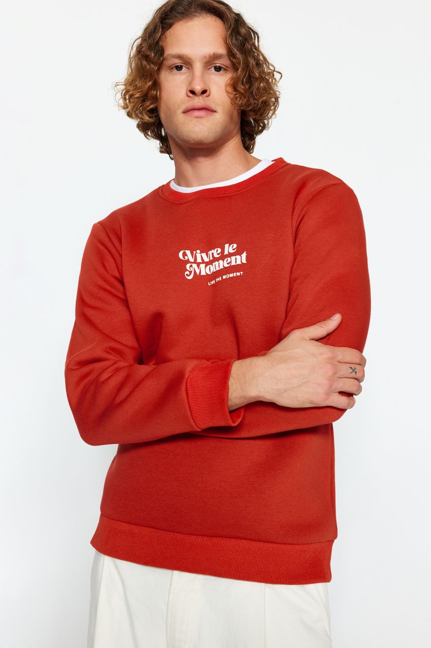 Trendyol Tile Men Pánska pravidelná / pravidelný strih Crew Neck Dlhý rukáv nadýchaný textový potlačený sveter.
