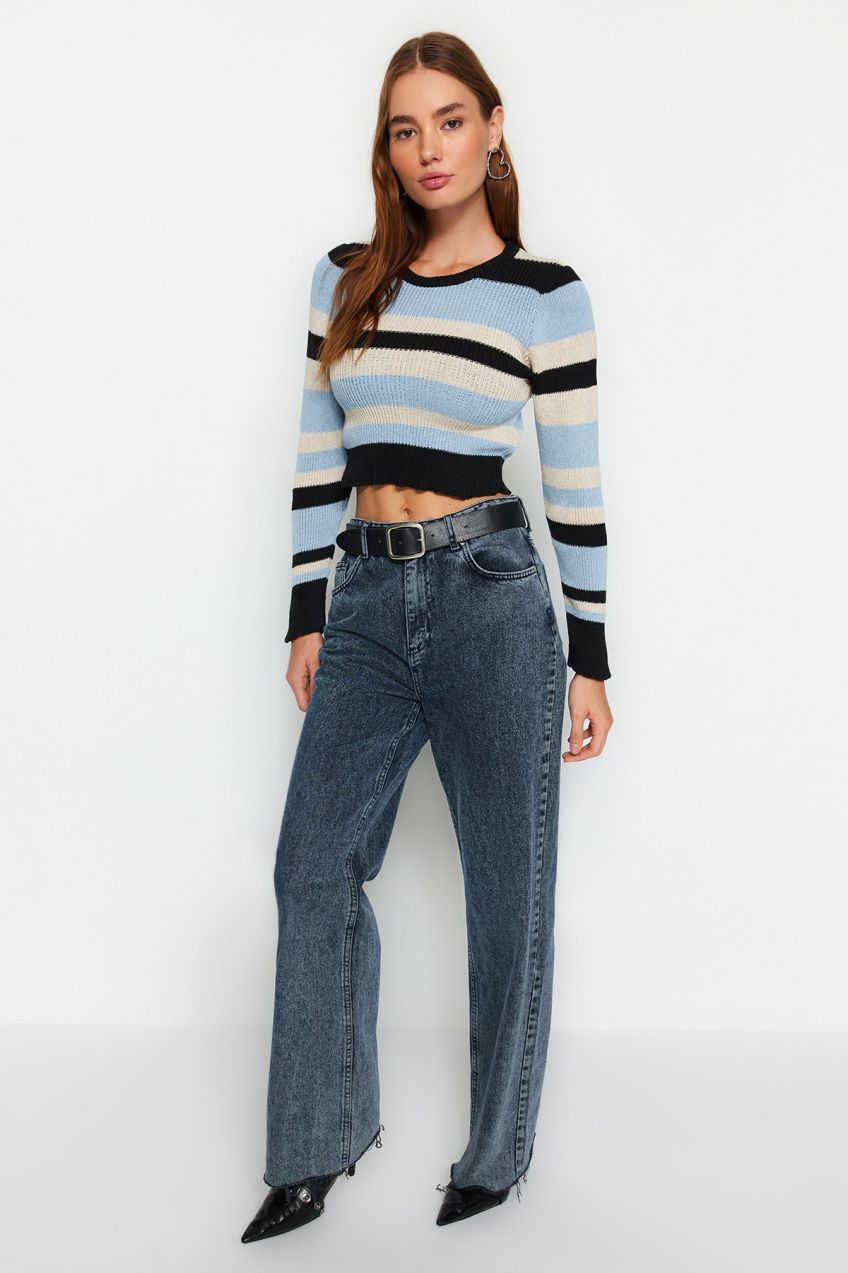 Trendyol Black Crop Color Block Pletený sveter