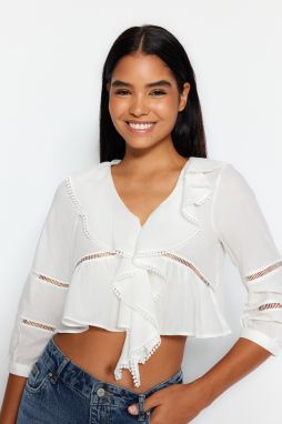 Trendyol Ecru Crop Flounce Lace Detailed Woven Shirt