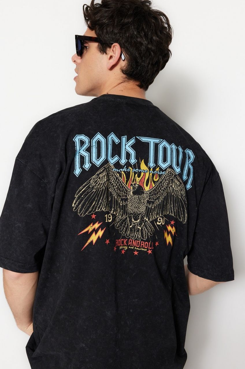 Trendyol Black Oversize/Wide Cut Aged/Faded Effect Rock Print 100% Cotton T-Shirt