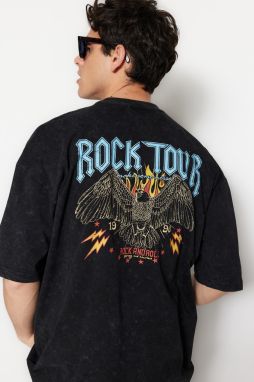 Trendyol Black Oversize/Wide Cut Aged/Faded Effect Rock Print 100% Cotton T-Shirt