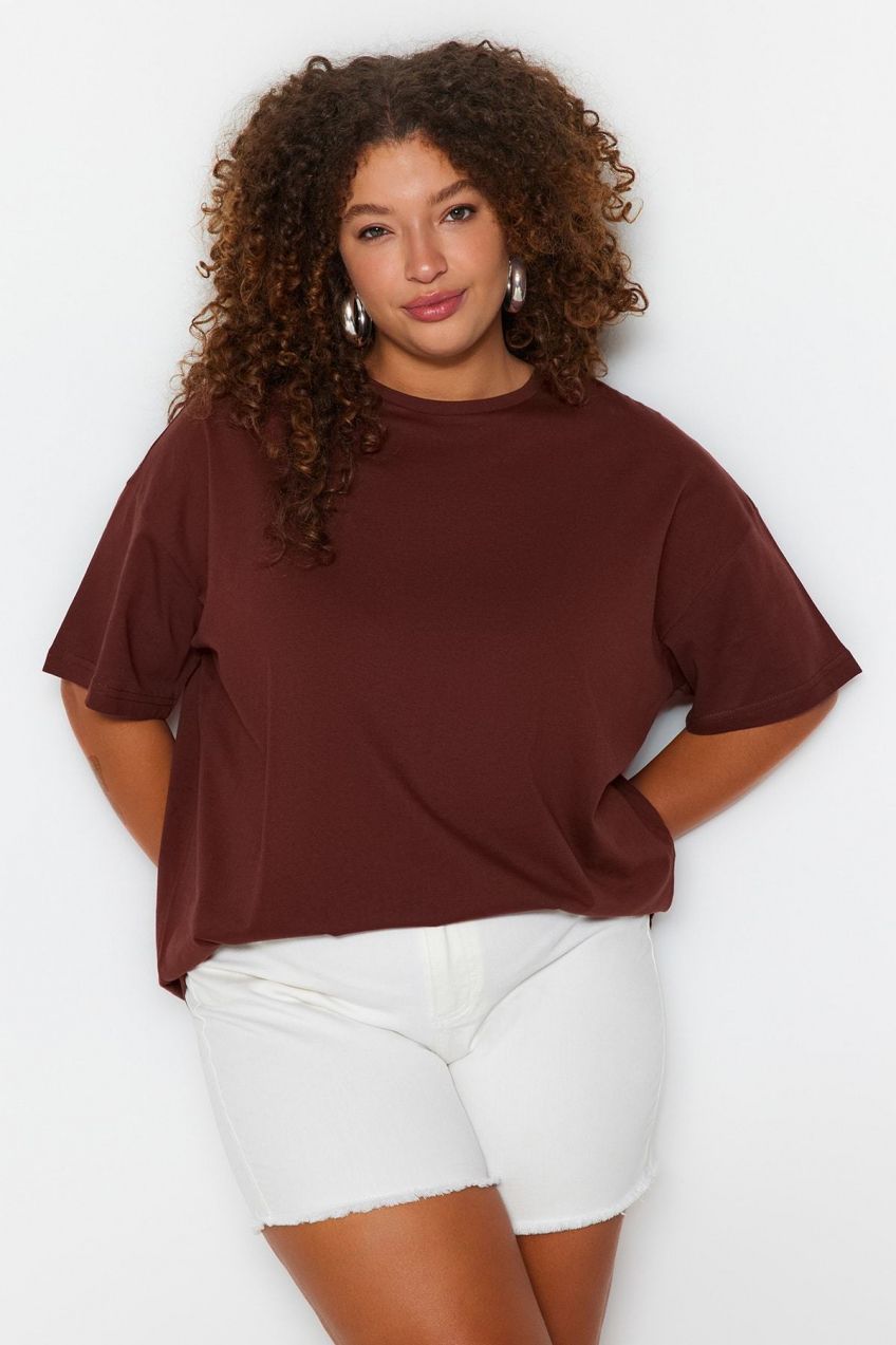 Trendyol Curve Brown Crew Neck Back Printed 100% Cotton Knitted T-shirt