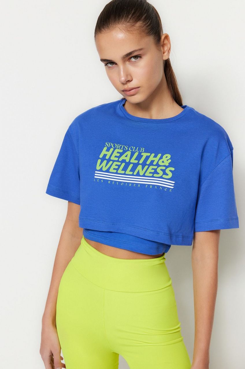 Trendyol Blue 100% Cotton Crop 2 Layer Knitted Sports T-Shirt