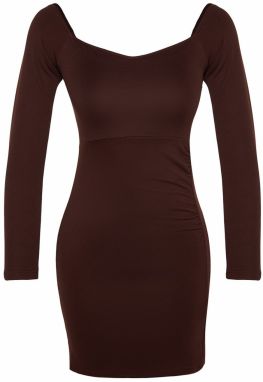Trendyol Osmanská hnedá košeľa detailne vypasované mini, elastické pletené šaty s rozparkom