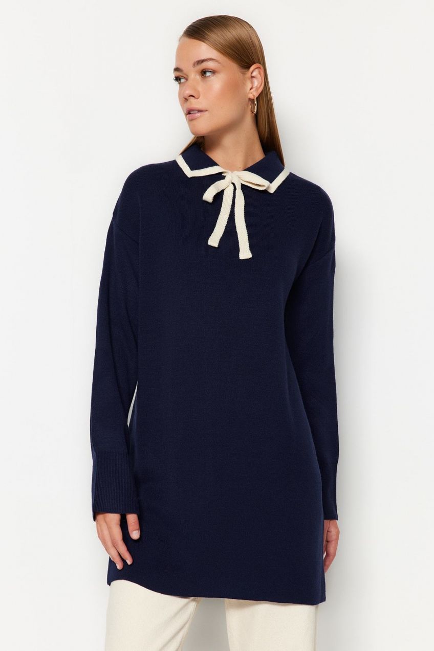 Trendyol Navy Modrý golier detailný pletený sveter