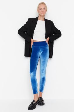 Trendyol Blue Rise Waist zamatové pletené legíny