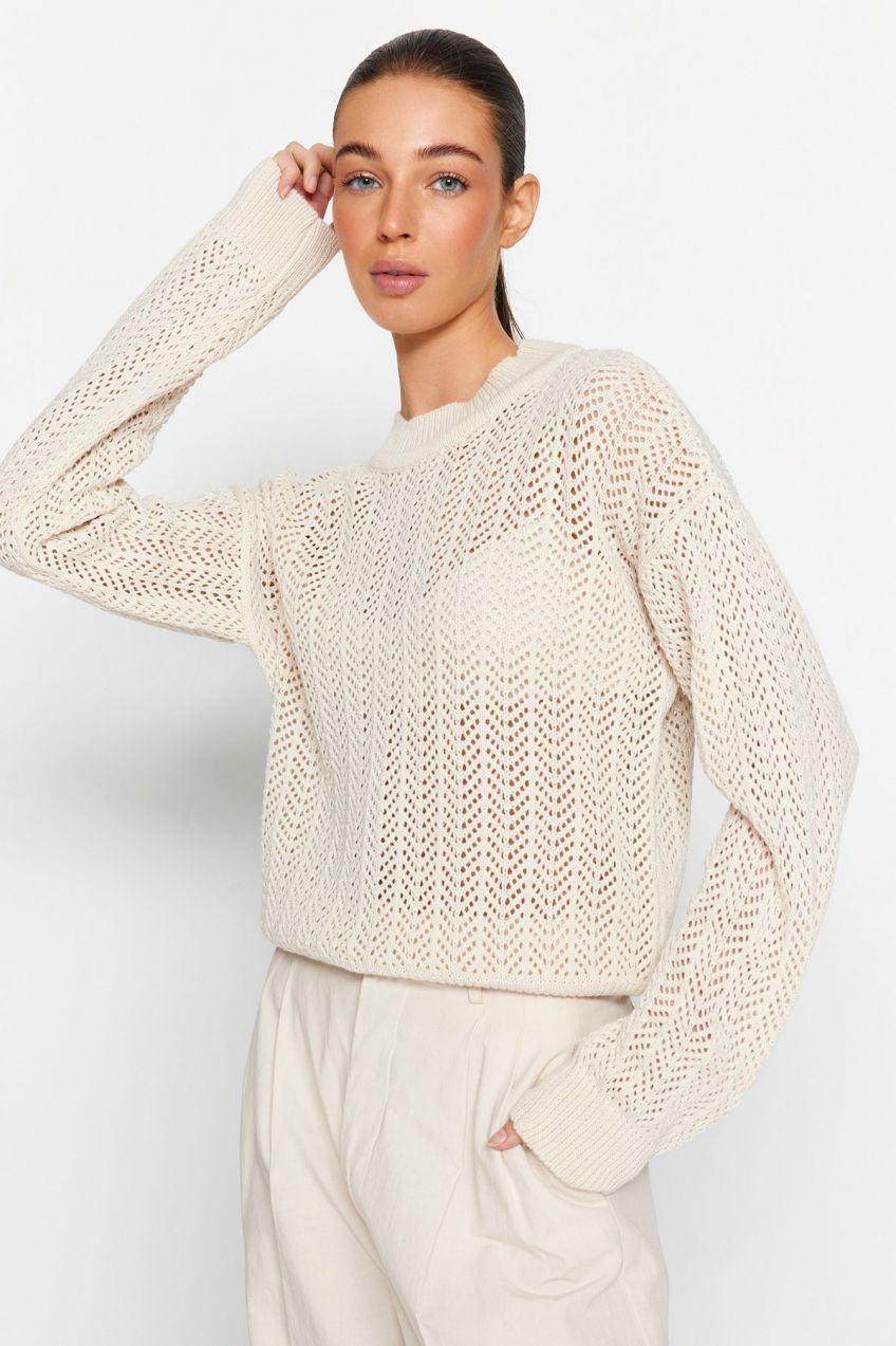 Trendyol Stone Wide fit prelamovaný/perforovaný pletený sveter