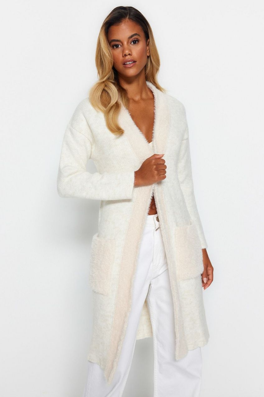 Trendyol Ecru Wide Fit Midi Pile sveter Kardigán