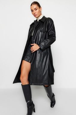 Trendyol Black oversized široko strihaná umelá koža s opaskom vodoodpudivý trenčkot
