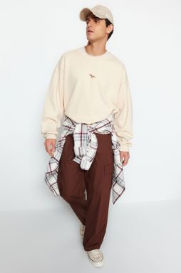 Trendyol Beige Oversize/Wide Cut Fleece/Warm Dinosaur Embroidered Sweatshirt