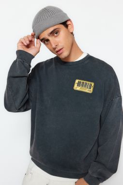 Trendyol Anthracite Oversize Wash Effect Back Printed Cotton Sweatshirt