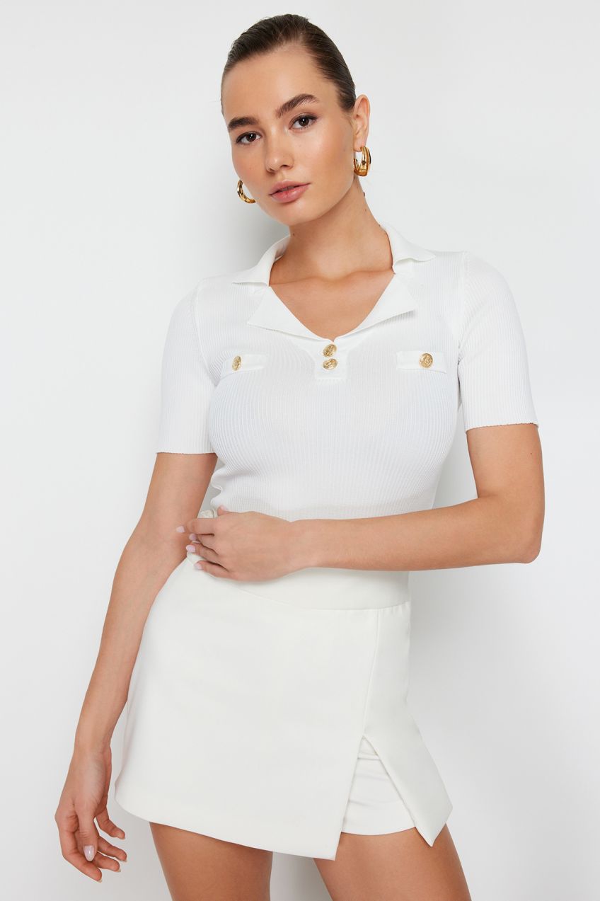 Trendyol Ecru Crop Polo Collar Button Detailed Knitwear Sweater
