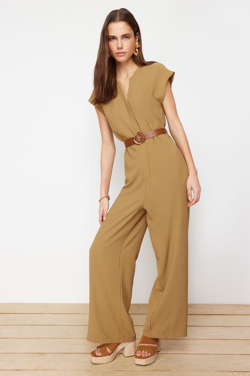 Trendyol Khaki Belted Double Breasted Collar Sleeveless Maxi Woven Jumpsuit