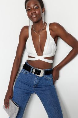 Trendyol Ecru Crop Lined Sequin Bustier with Glitter Window/Cut Out Detail