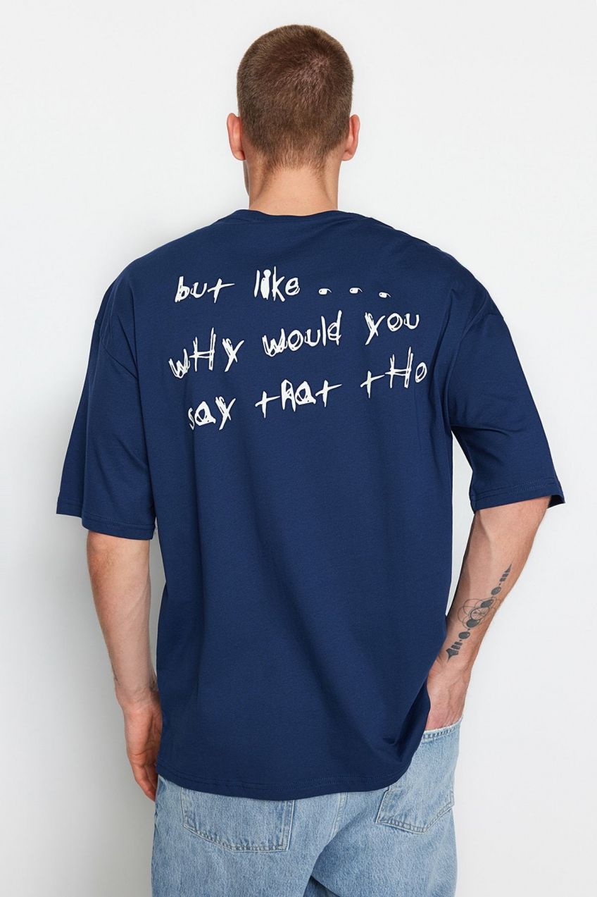 Trendyol Indigo Oversize/Wide Cut Text Printed Short Sleeve 100% Cotton T-Shirt
