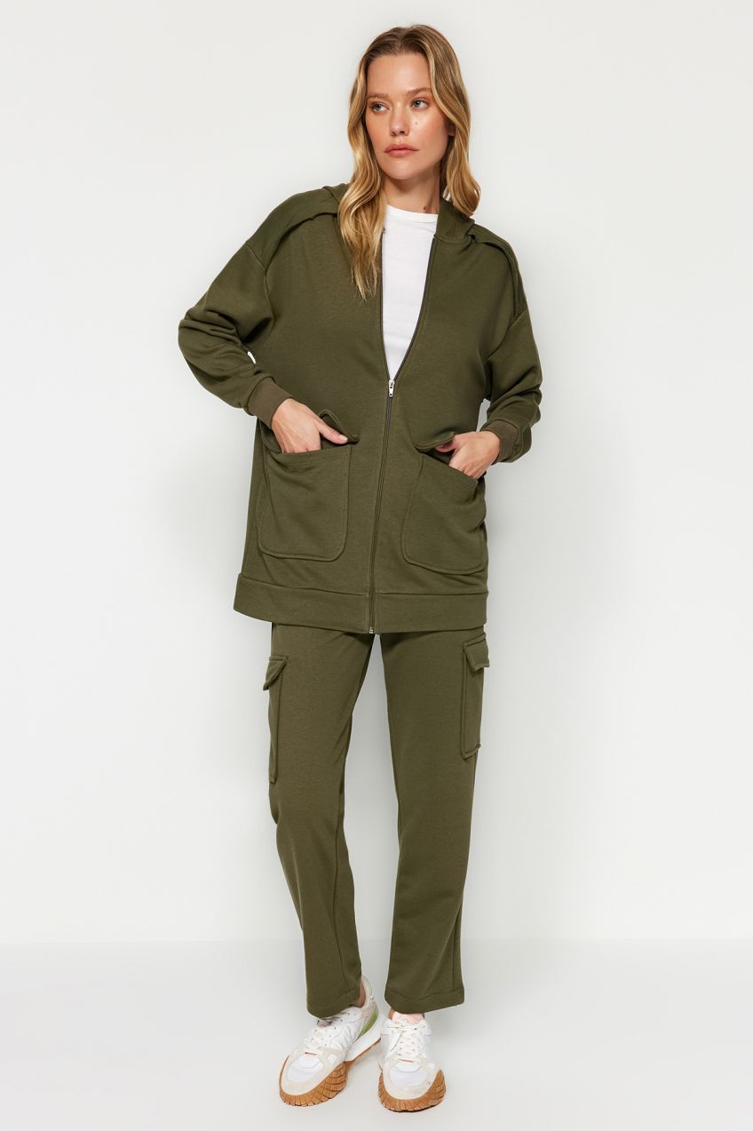 Trendyol Khaki Pocket Zippered Cardigan-Pants Knitted Tracksuit