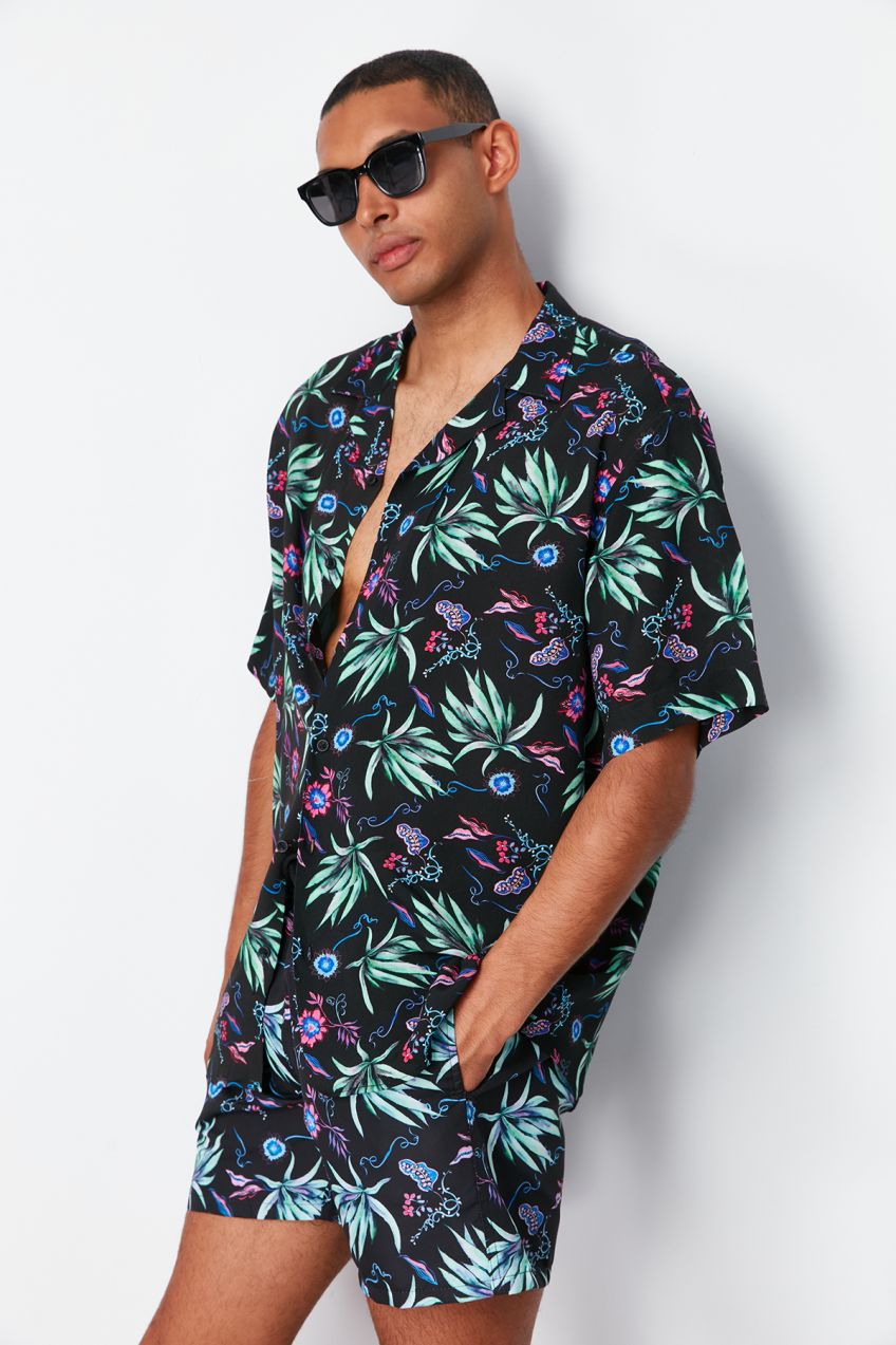 Trendyol Purple Oversize Fit 100% Viscose Patterned Short Sleeve Casual Summer Shirt