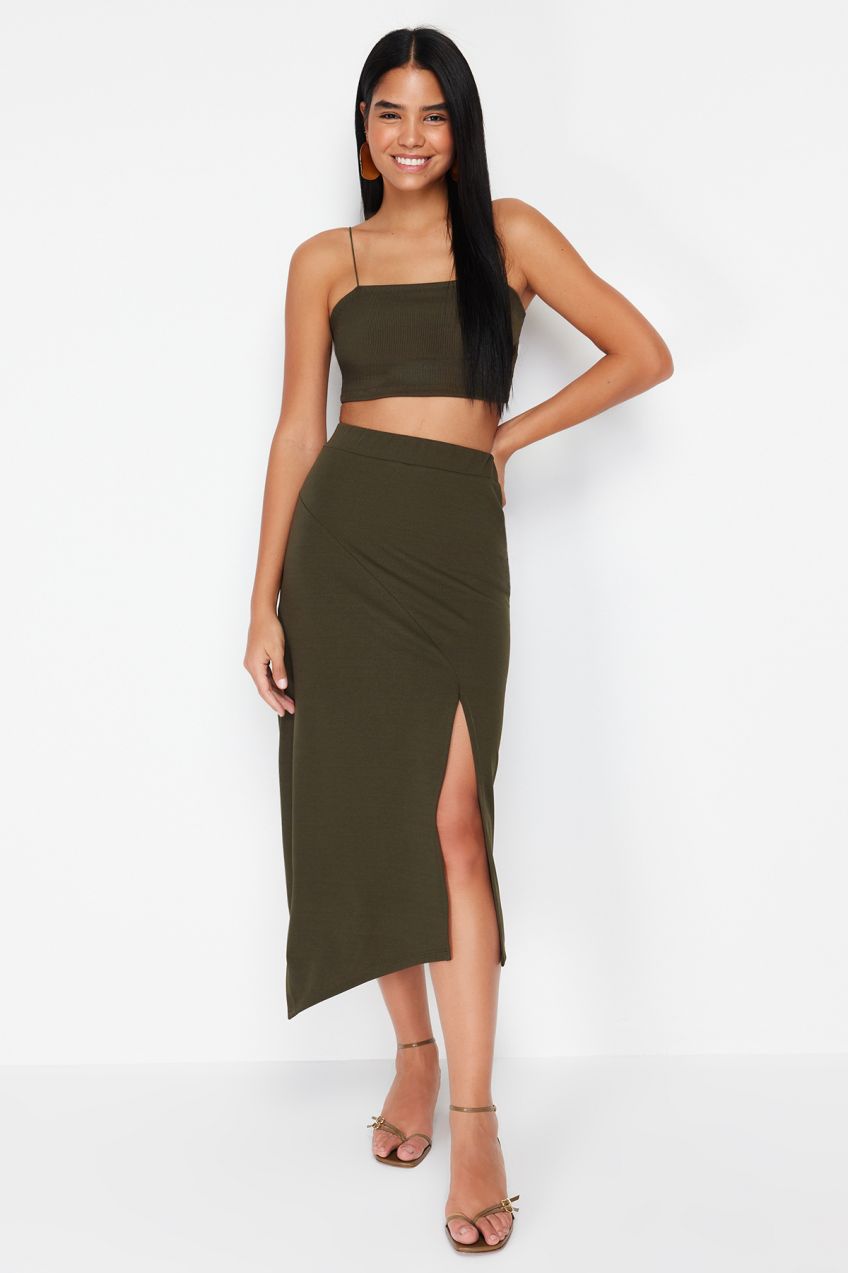 Trendyol Khaki Asymmetric Cut and Slit Detailed Maxi Skirt