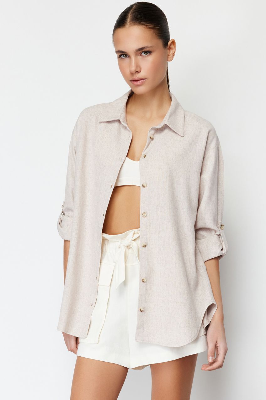 Trendyol Beige Low Sleeve Oversize Cotton Linen Woven Shirt