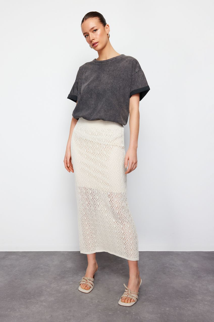 Trendyol Stone Midi Lined Openwork/Perforated Knit Skirt