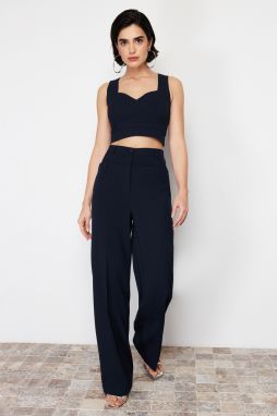 Trendyol Navy Blue Straight/Straight Fit Polyviscon Waist Detail Woven Trousers