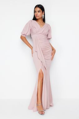 Trendyol Powder Draped Knitted Long Elegant Evening Dress