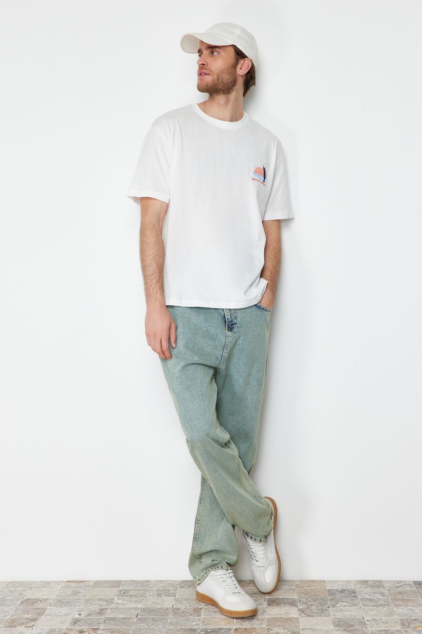 Trendyol Ecru Relaxed/Comfortable Cut Landscape Embroidered 100% Cotton Short Sleeve T-Shirt