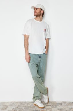 Trendyol Ecru Relaxed/Comfortable Cut Landscape Embroidered 100% Cotton Short Sleeve T-Shirt