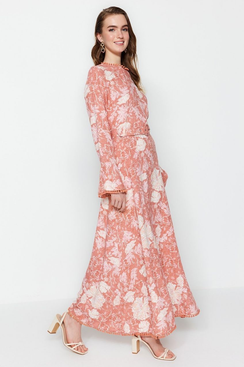 Trendyol Pale Pink Flower Patterned Woven Belt Dress
