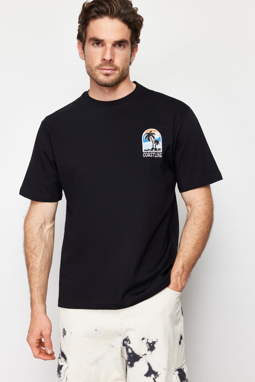 Trendyol Black Relaxed/Comfortable Cut Landscape Embroidered 100% Cotton Short Sleeve T-Shirt