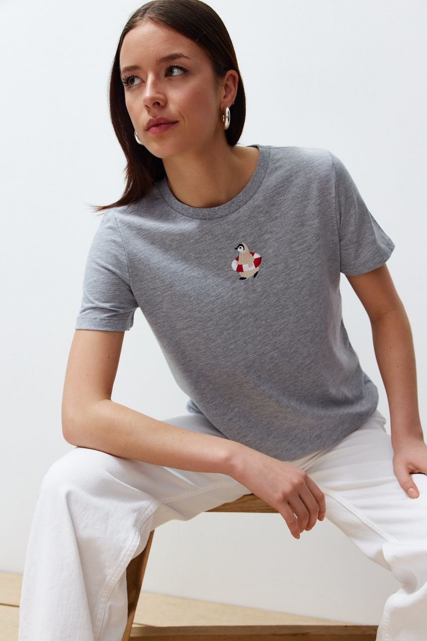 Trendyol Gray Melange Embroidered Regular/Normal Pattern Knitted T-Shirt