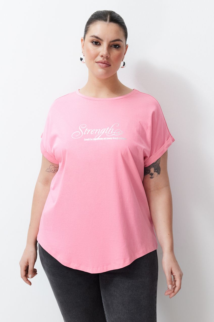 Trendyol Curve Pink Printed Oval Cut Boyfrind Knitted T-shirt
