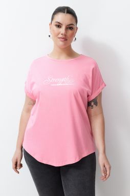 Trendyol Curve Pink Printed Oval Cut Boyfrind Knitted T-shirt