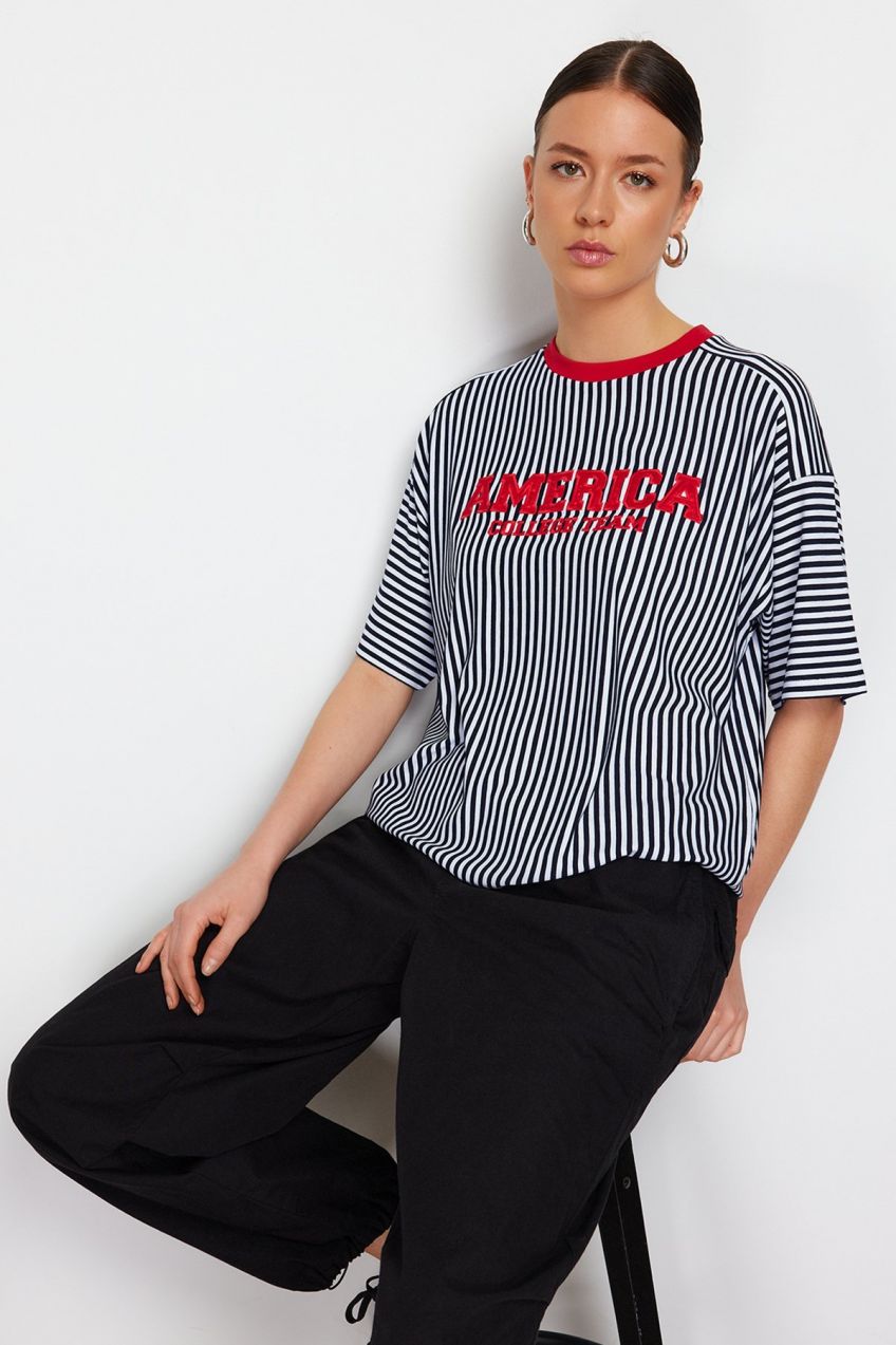 Trendyol Black Striped Motto Embroidered Oversize/Wide Fit Knitted T-Shirt