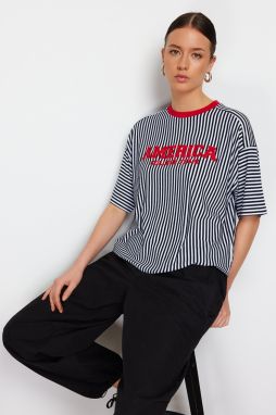 Trendyol Black Striped Motto Embroidered Oversize/Wide Fit Knitted T-Shirt